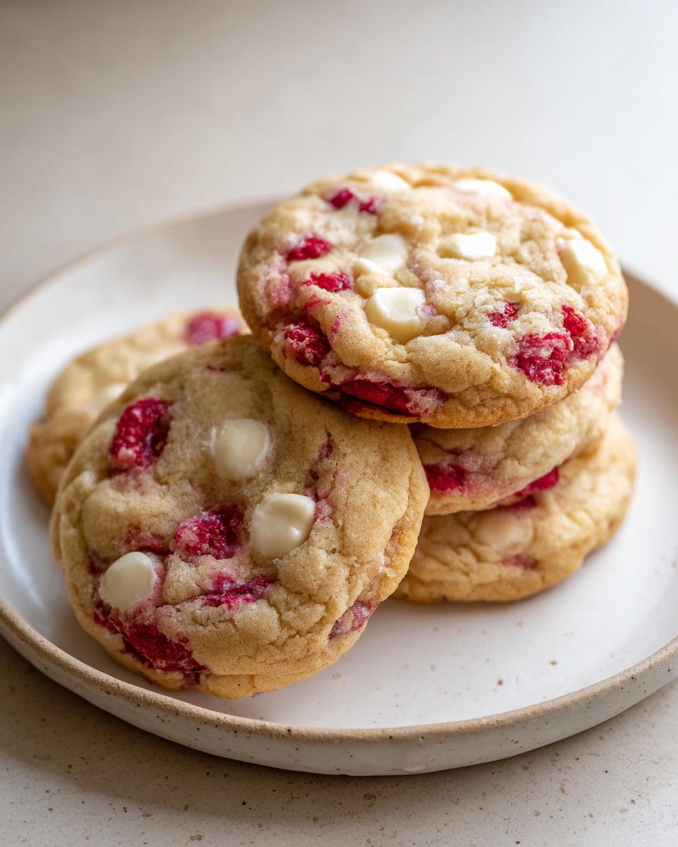 A stack of four freshly baked white chocolate raspberry cookies on a speckled white plate.