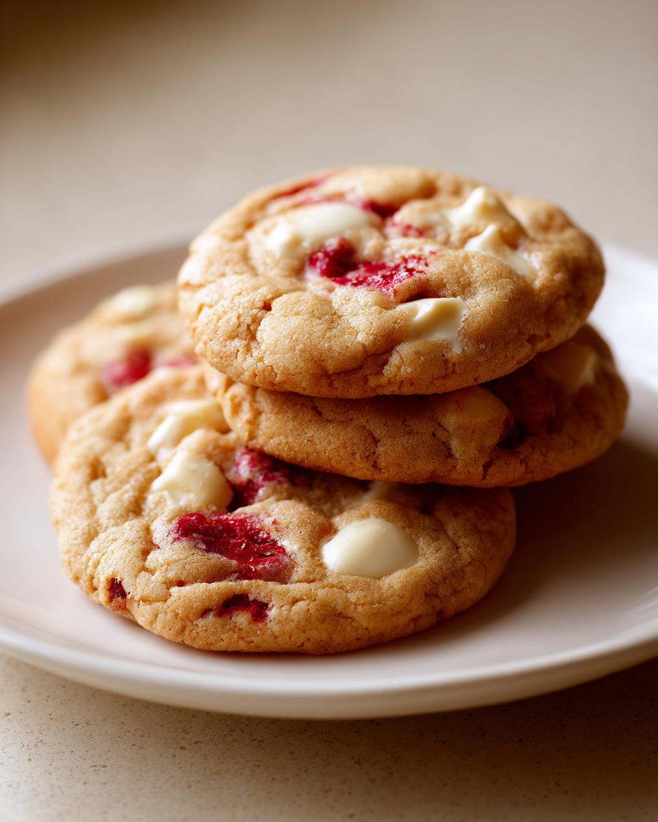 A close-up stack of three soft, chewy white chocolate raspberry cookies on a white plate.