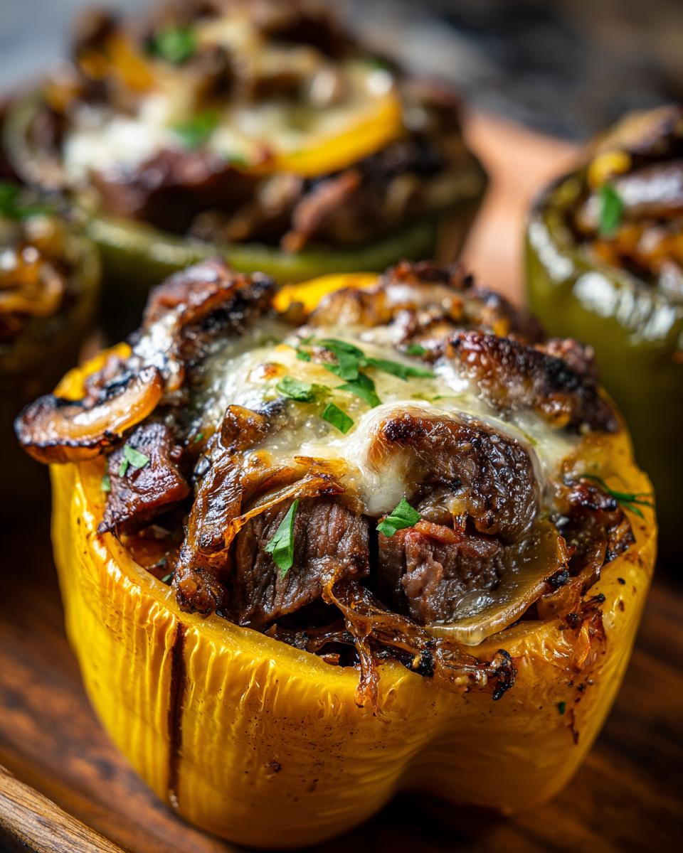Close-up of a baked yellow bell pepper filled with steak, onions, mushrooms, and melted cheese, a perfect philly cheesesteak stuffed peppers.