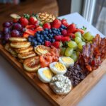 A vibrant Breakfast grazing board featuring mini pancakes, fresh berries, grapes, bacon, smoked salmon, hard-boiled eggs, and chocolate chips.