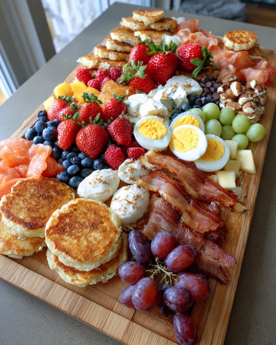 A vibrant and abundant Breakfast grazing board featuring pancakes, bacon, eggs, berries, grapes, and cheese.