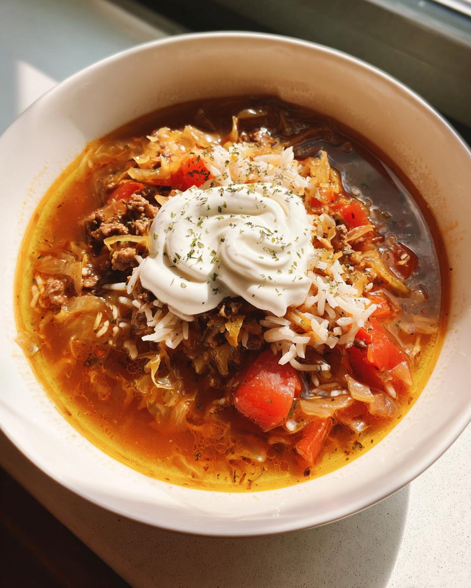 A close-up overhead shot of a bowl of rich, tomato-based Golumpki soup topped with rice, ground meat, and a swirl of sour cream.