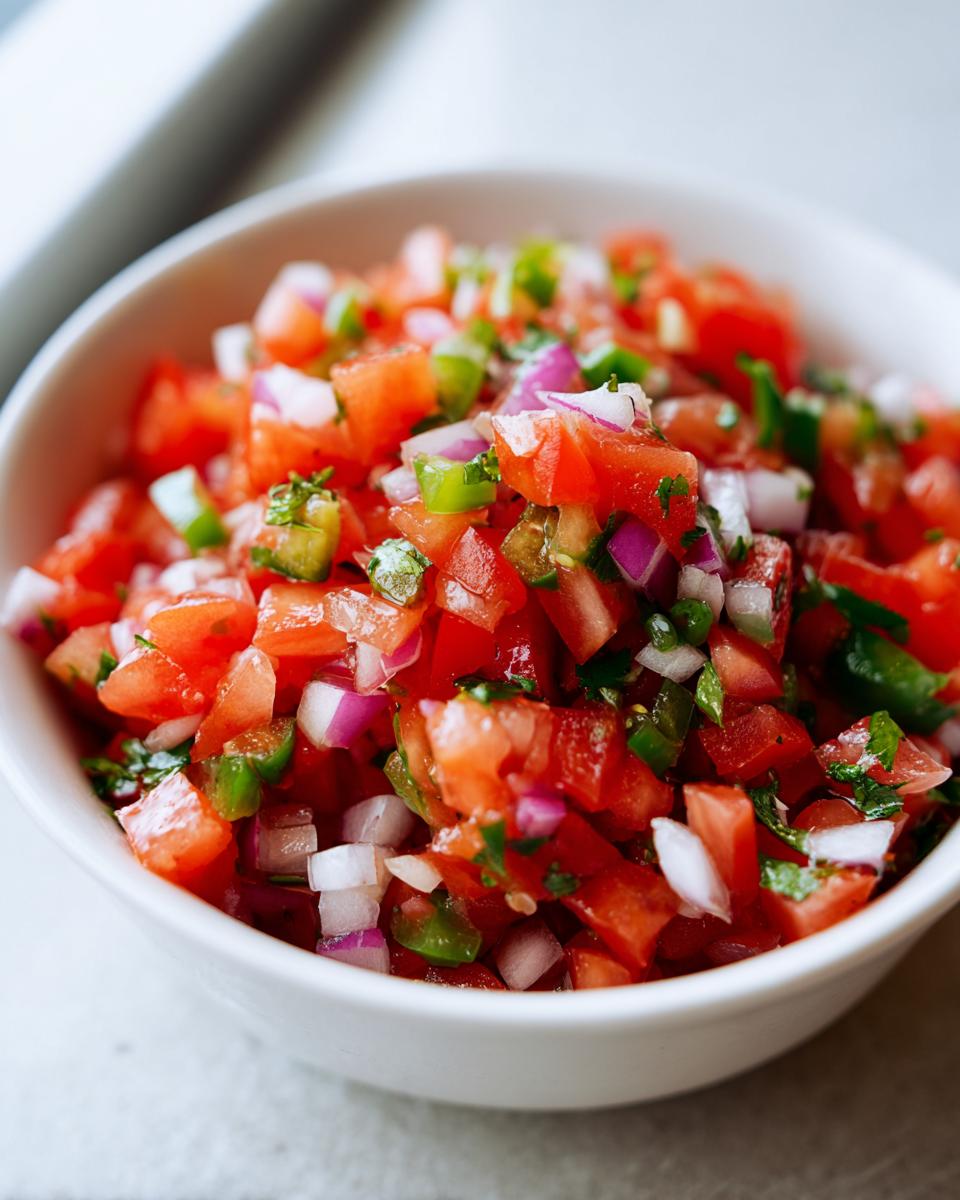 Close-up of fresh, chunky Authentic pico de gallo featuring diced tomatoes, red onion, and green jalapeño in a white bowl.
