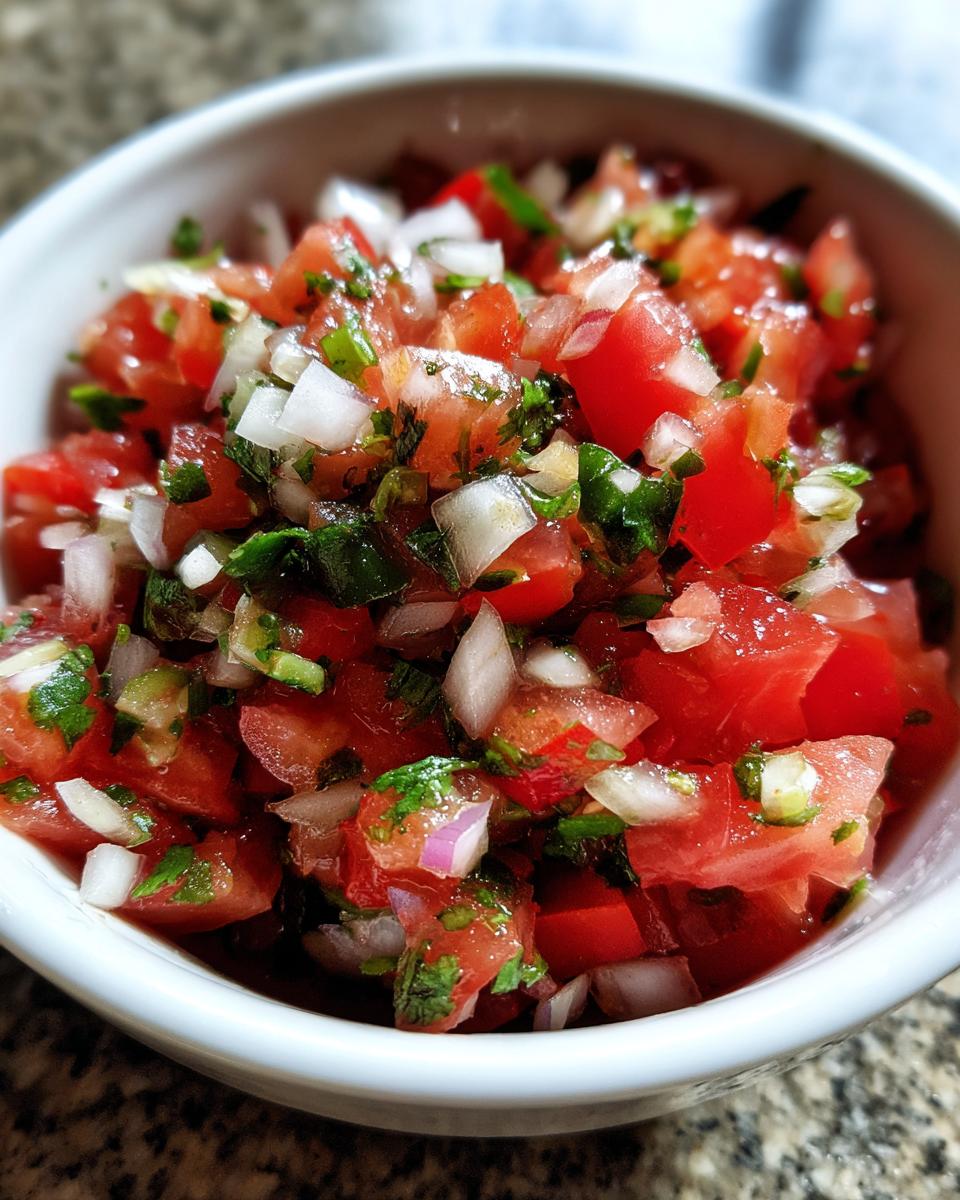 Close-up of vibrant, freshly chopped Authentic pico de gallo featuring diced tomatoes, white onion, and cilantro in a white bowl.