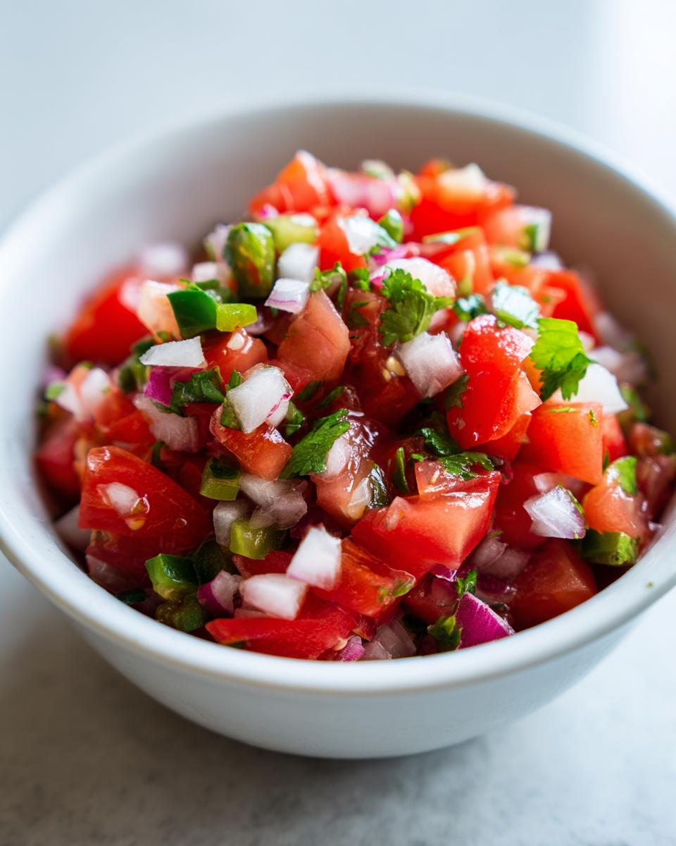 Close-up of vibrant, freshly chopped Authentic pico de gallo featuring tomatoes, onions, jalapeños, and cilantro in a white bowl.