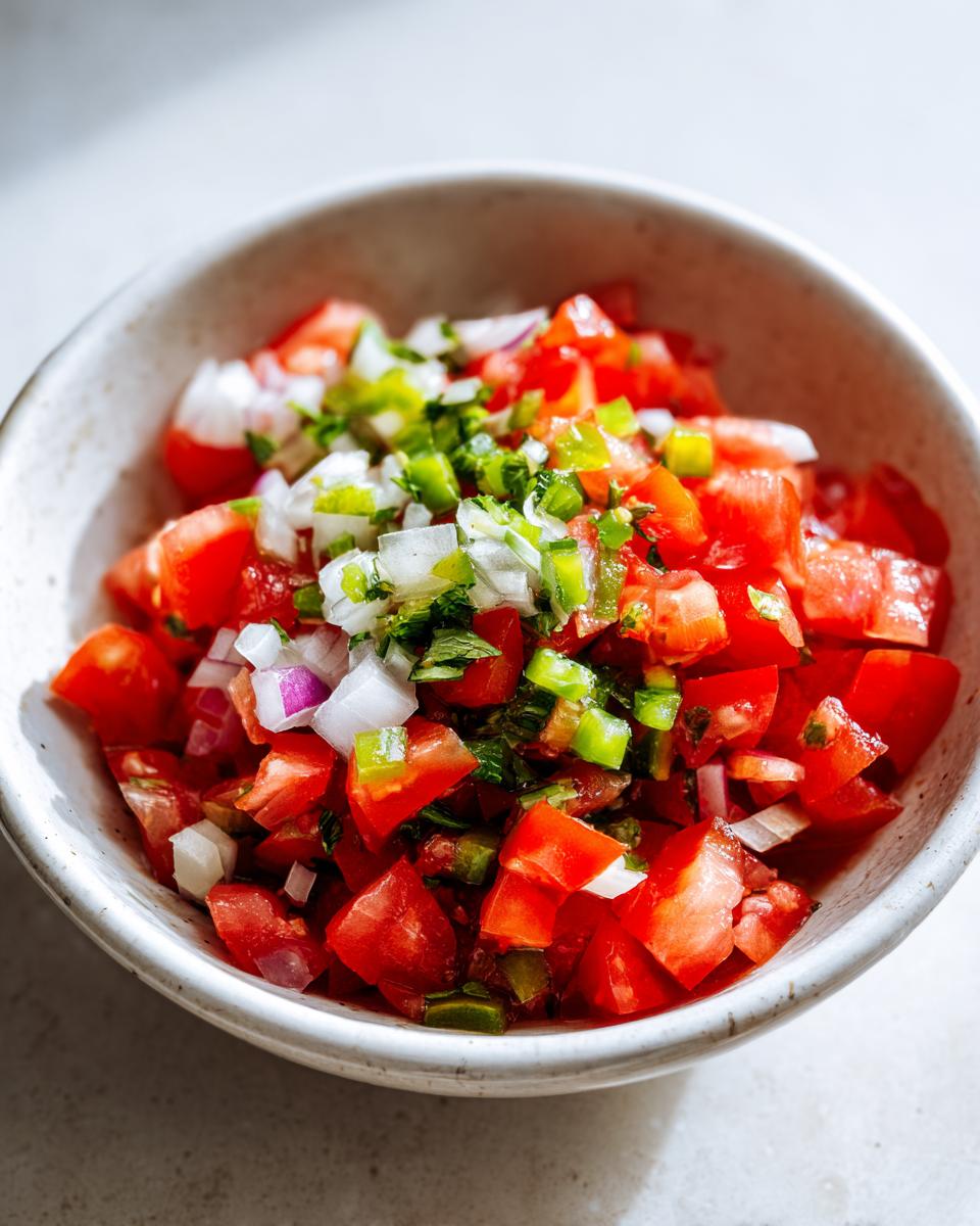 Close-up of freshly chopped tomatoes, onions, and jalapeños making authentic pico de gallo in a rustic white bowl.