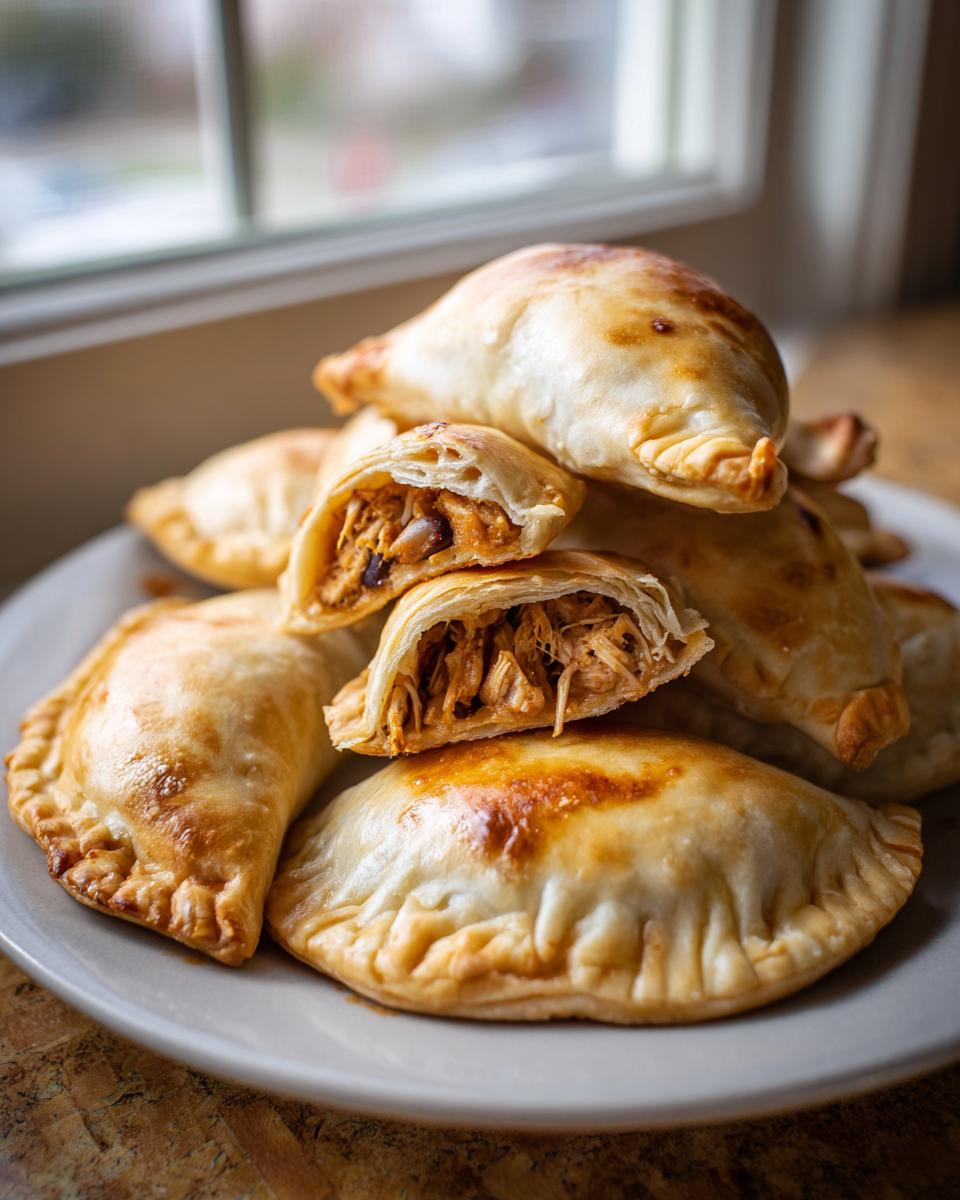 A stack of golden baked empanadas, one cut open revealing shredded chicken filling, perfect for easy military spouse appetizers.