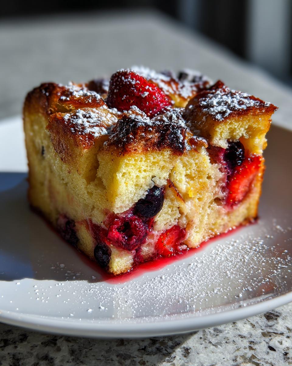 A single serving slice of Berry French toast bake, moist with visible berries and dusted with powdered sugar.