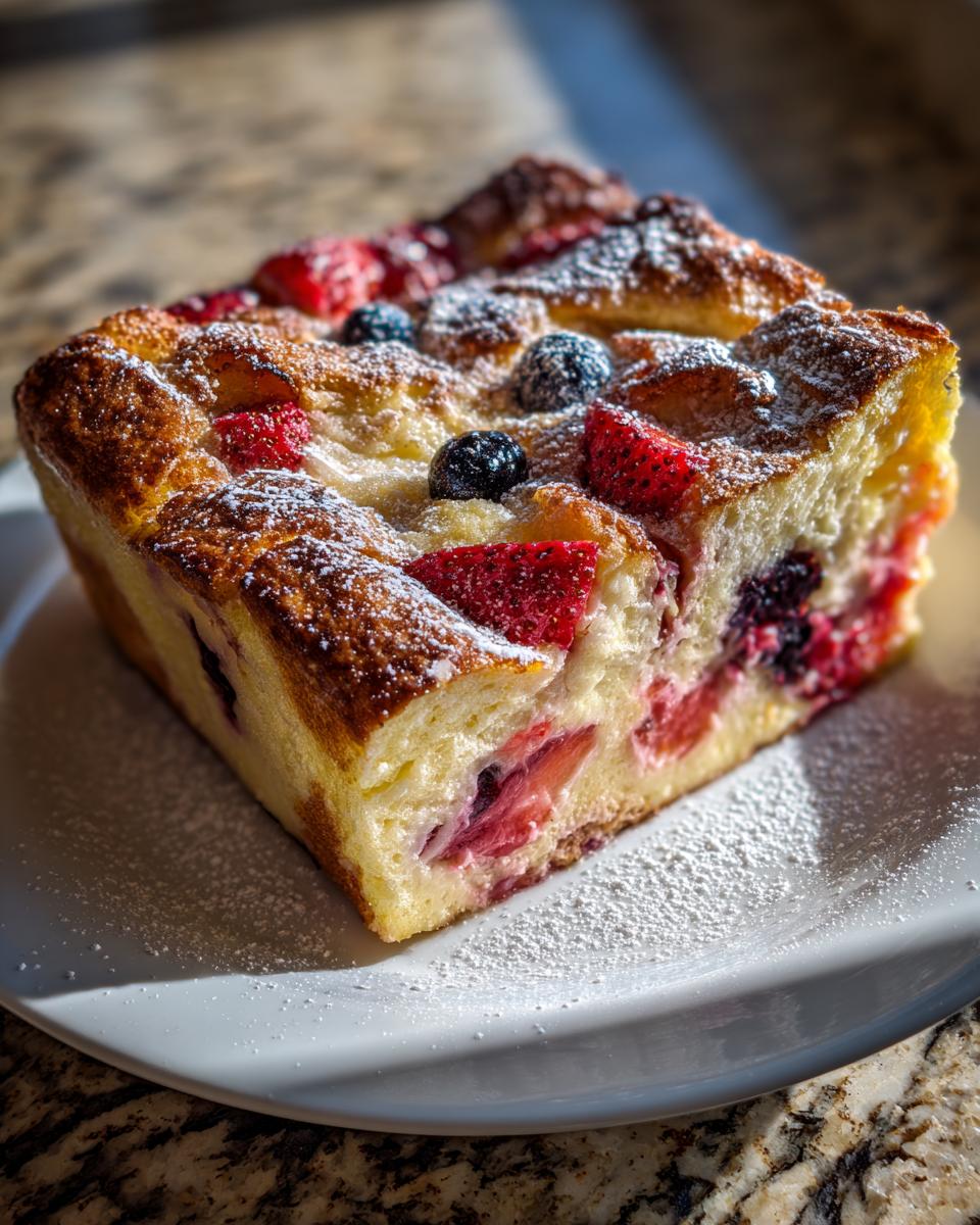 A golden-brown square slice of Berry French toast bake topped with strawberries, blueberries, and powdered sugar.