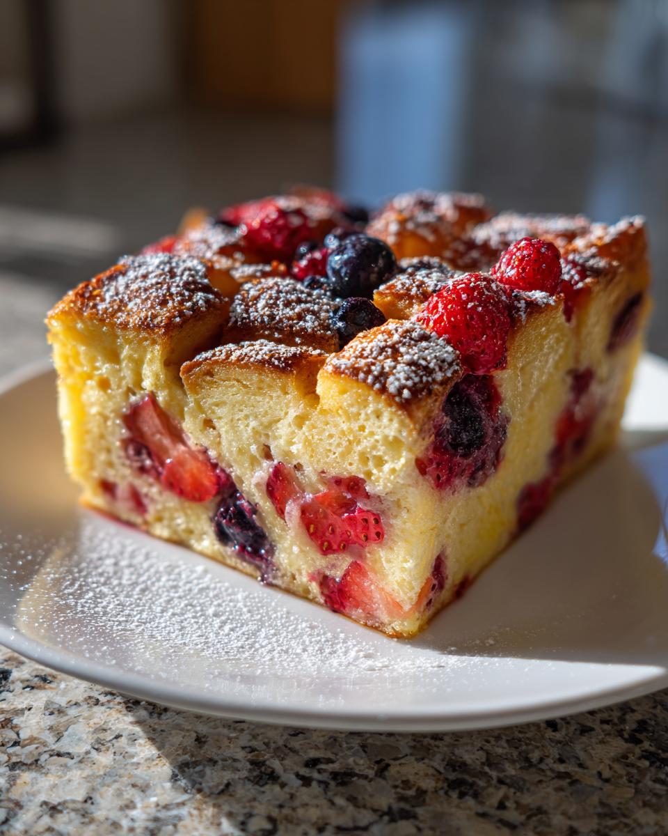 A close-up of a square slice of Berry French toast bake, studded with strawberries and blueberries, dusted with powdered sugar.