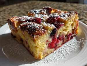 A golden-brown square slice of Berry French toast bake, topped with fresh berries and dusted heavily with powdered sugar.