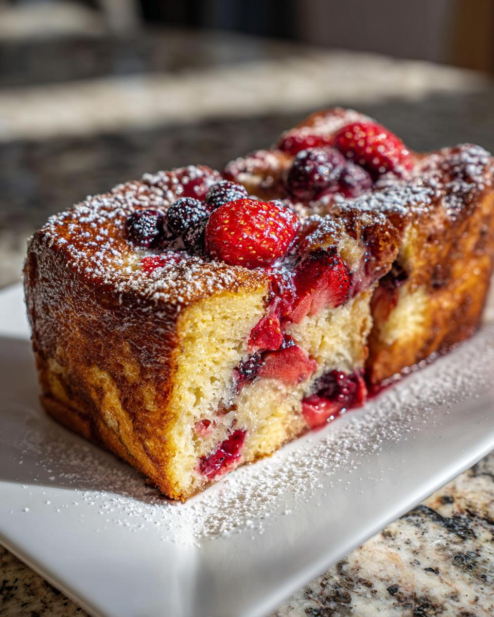 Close-up of a thick slice of Berry French toast bake, topped with fresh berries and powdered sugar.