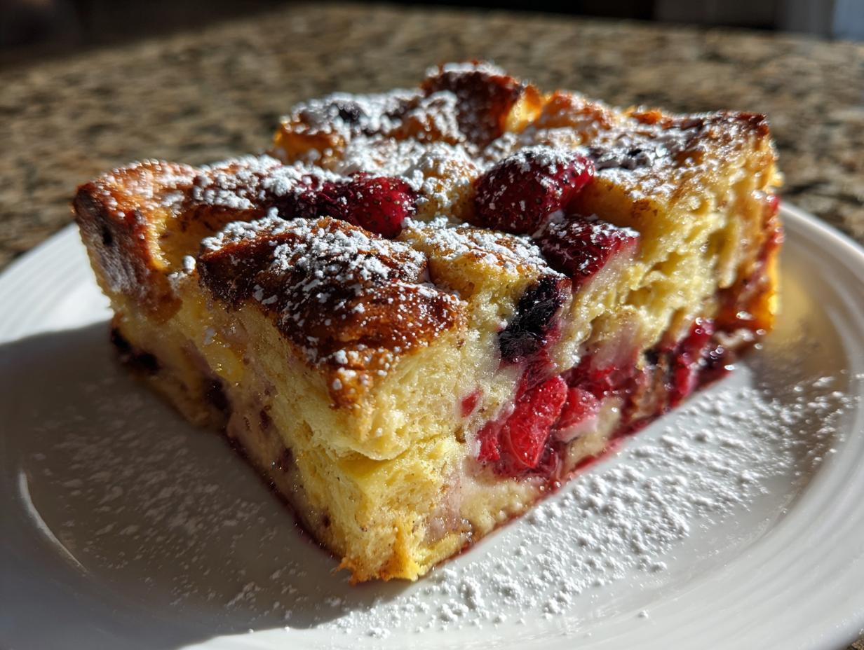 A golden-brown square slice of Berry French toast bake, topped with fresh berries and dusted heavily with powdered sugar.