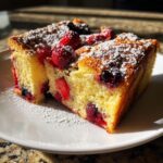 Two golden slices of Berry French toast bake studded with raspberries and strawberries, dusted with powdered sugar.