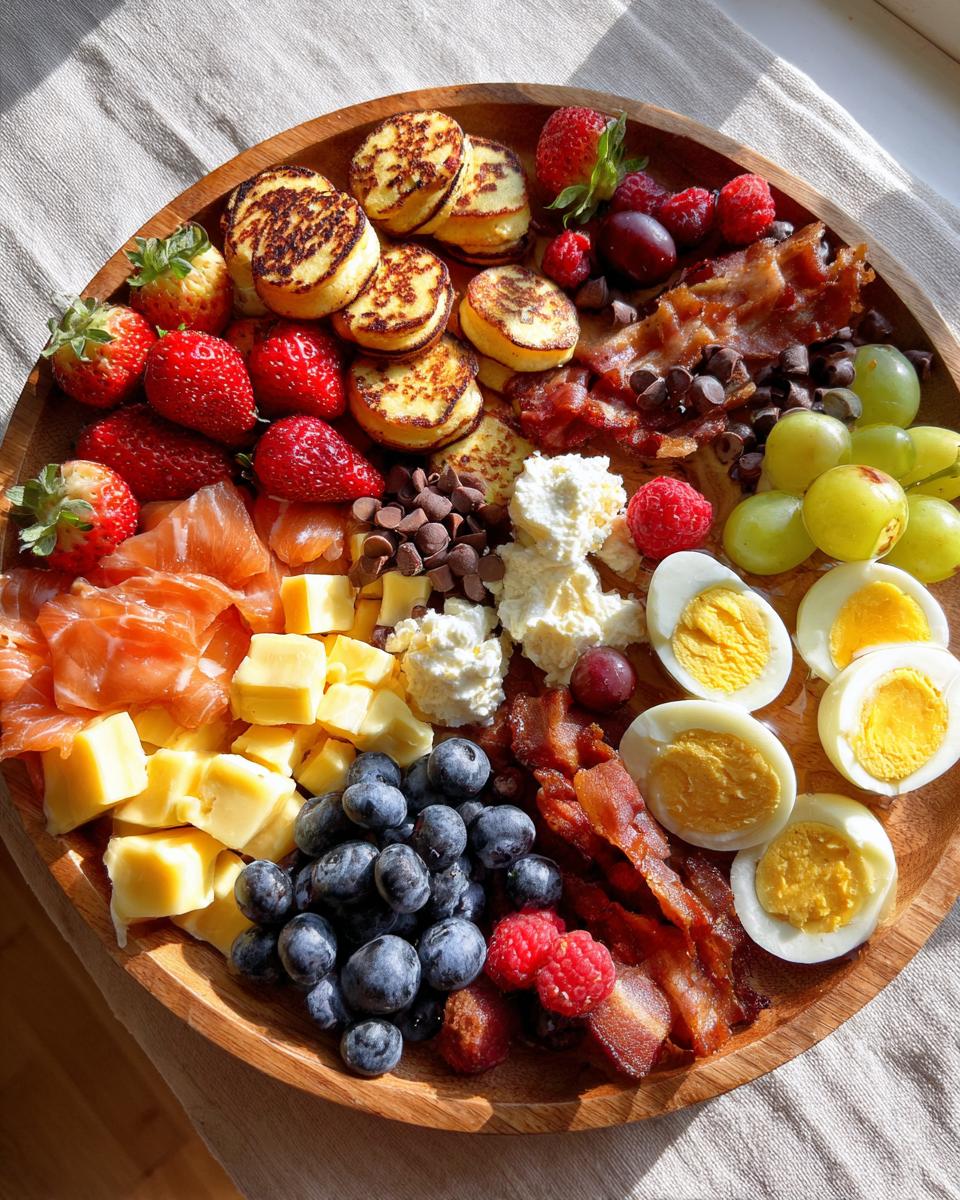 Overhead view of a wooden platter featuring a colorful Breakfast grazing board with mini pancakes, bacon, eggs, cheese, and fresh berries.
