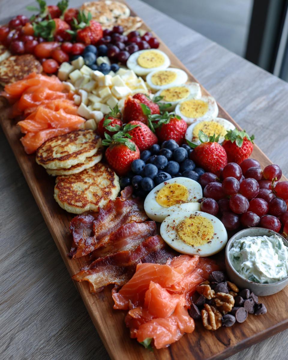 An overhead view of a large wooden board featuring a colorful Breakfast grazing board with smoked salmon, bacon, hard-boiled eggs, fruit, and cheese.