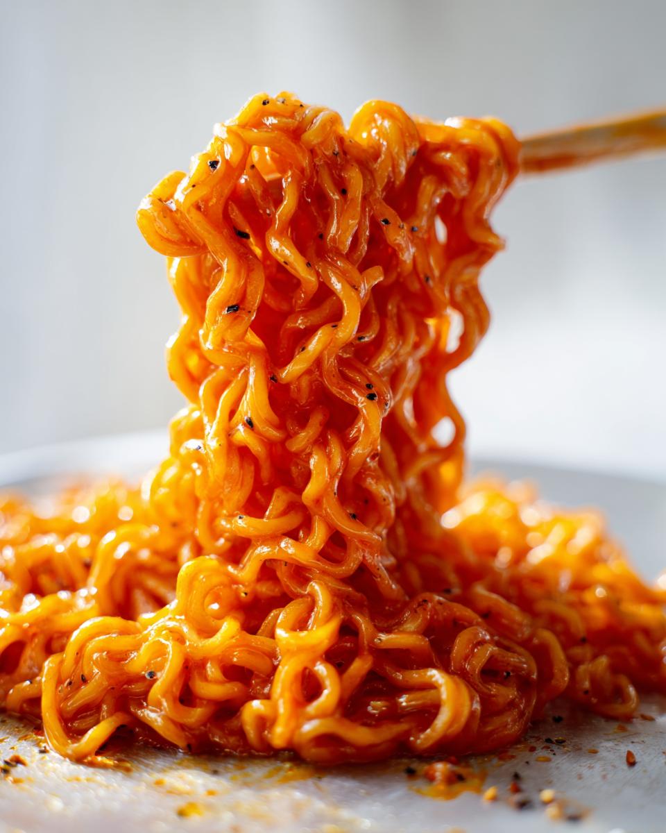 Close-up shot of bright orange, saucy Carbonara buldak ramen noodles being lifted by chopsticks.