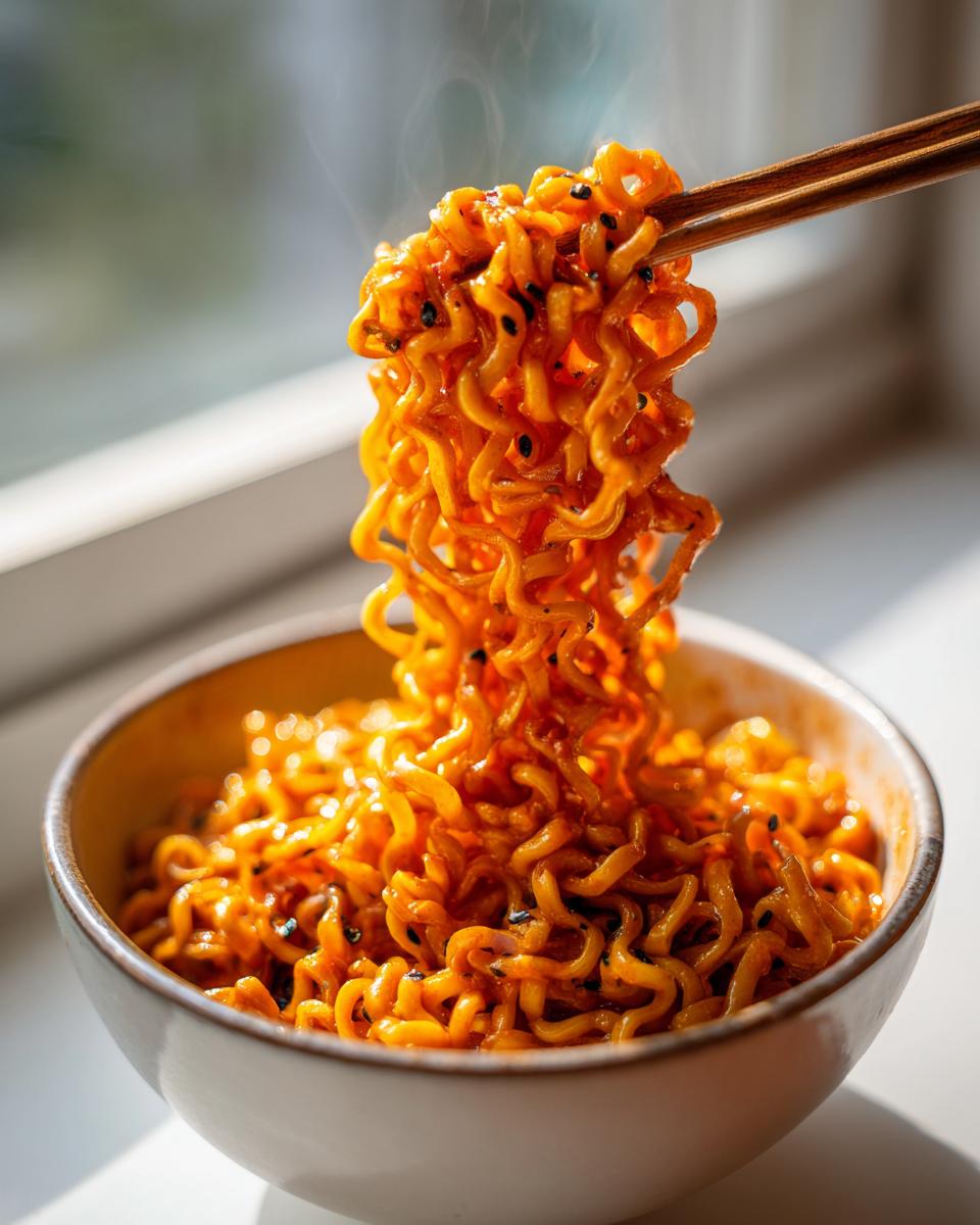 Close-up of steaming Carbonara buldak ramen noodles being lifted from a bowl with wooden chopsticks, coated in a creamy orange sauce.