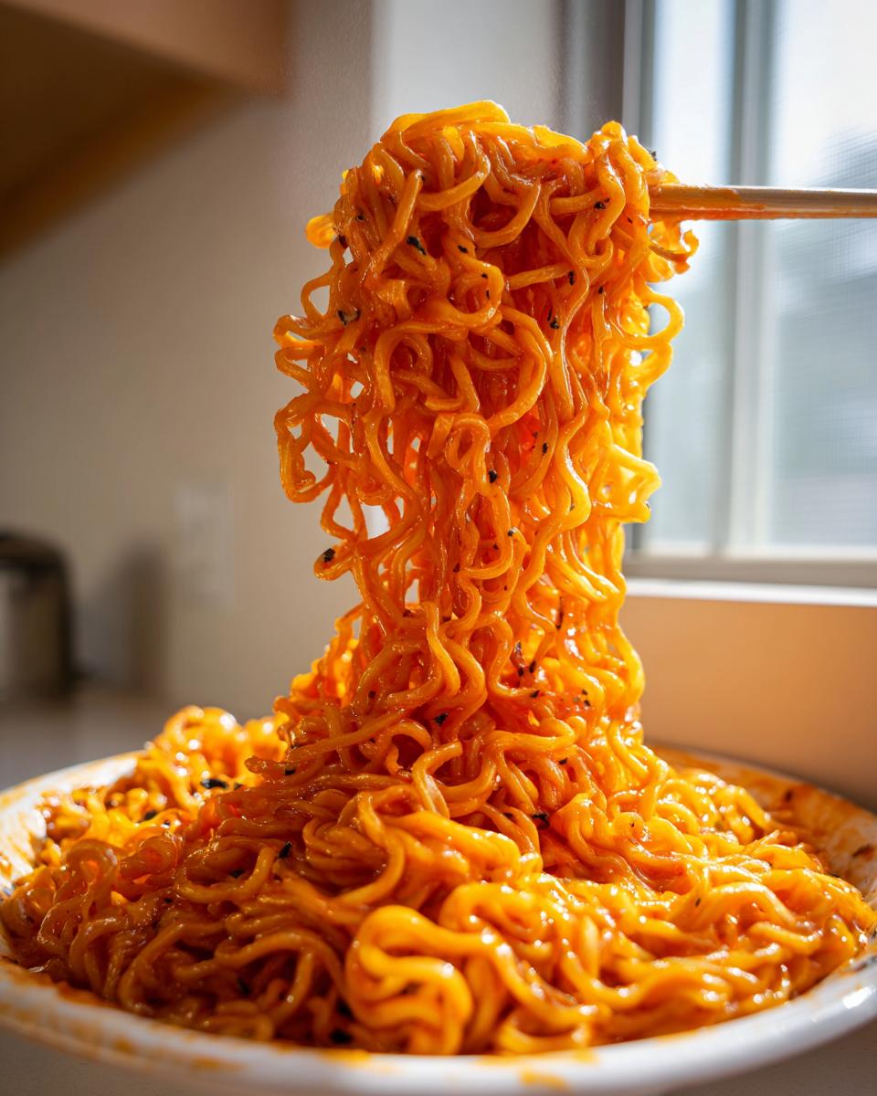 A close-up shot of creamy, orange Carbonara buldak ramen noodles being lifted high with chopsticks from a bowl.