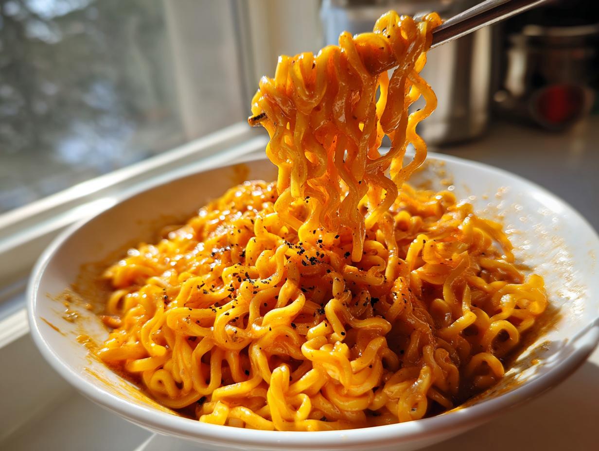 A close-up of creamy, orange-colored Carbonara buldak ramen noodles being lifted high from a white bowl using chopsticks.