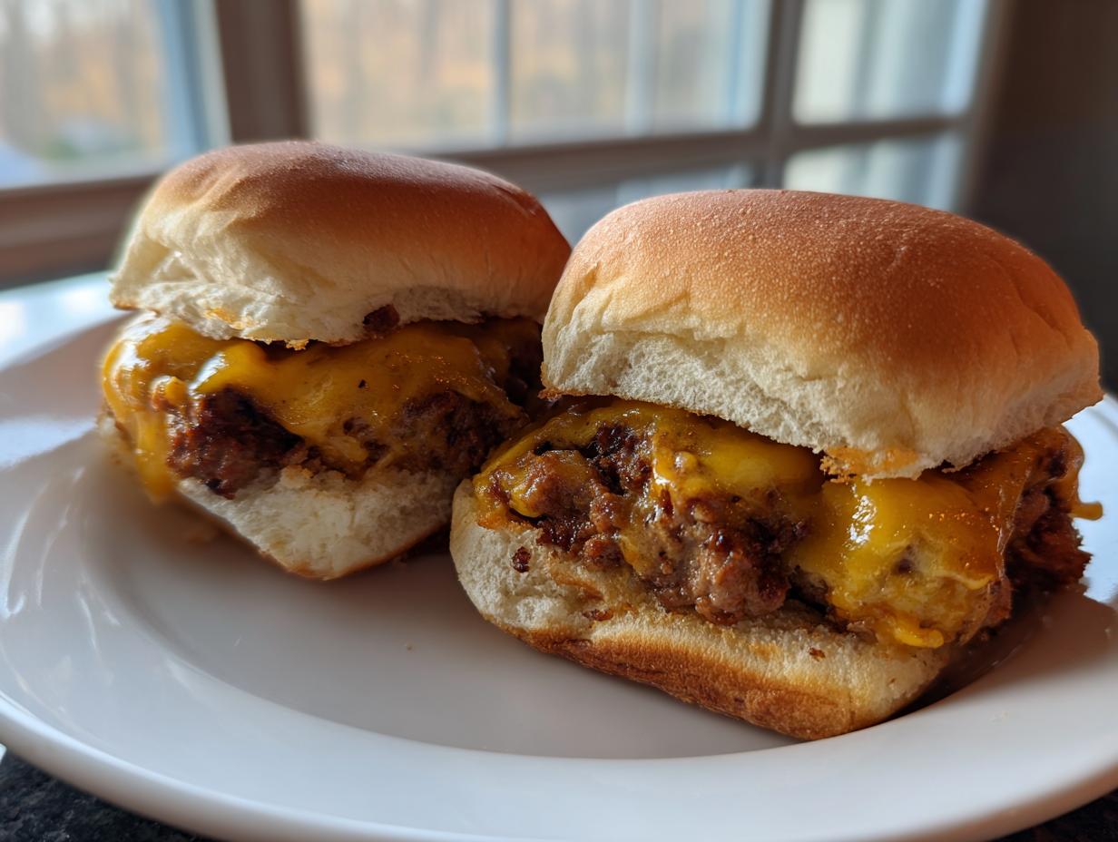 Two delicious leftover meatloaf sliders topped with melted cheddar cheese served on a white plate.