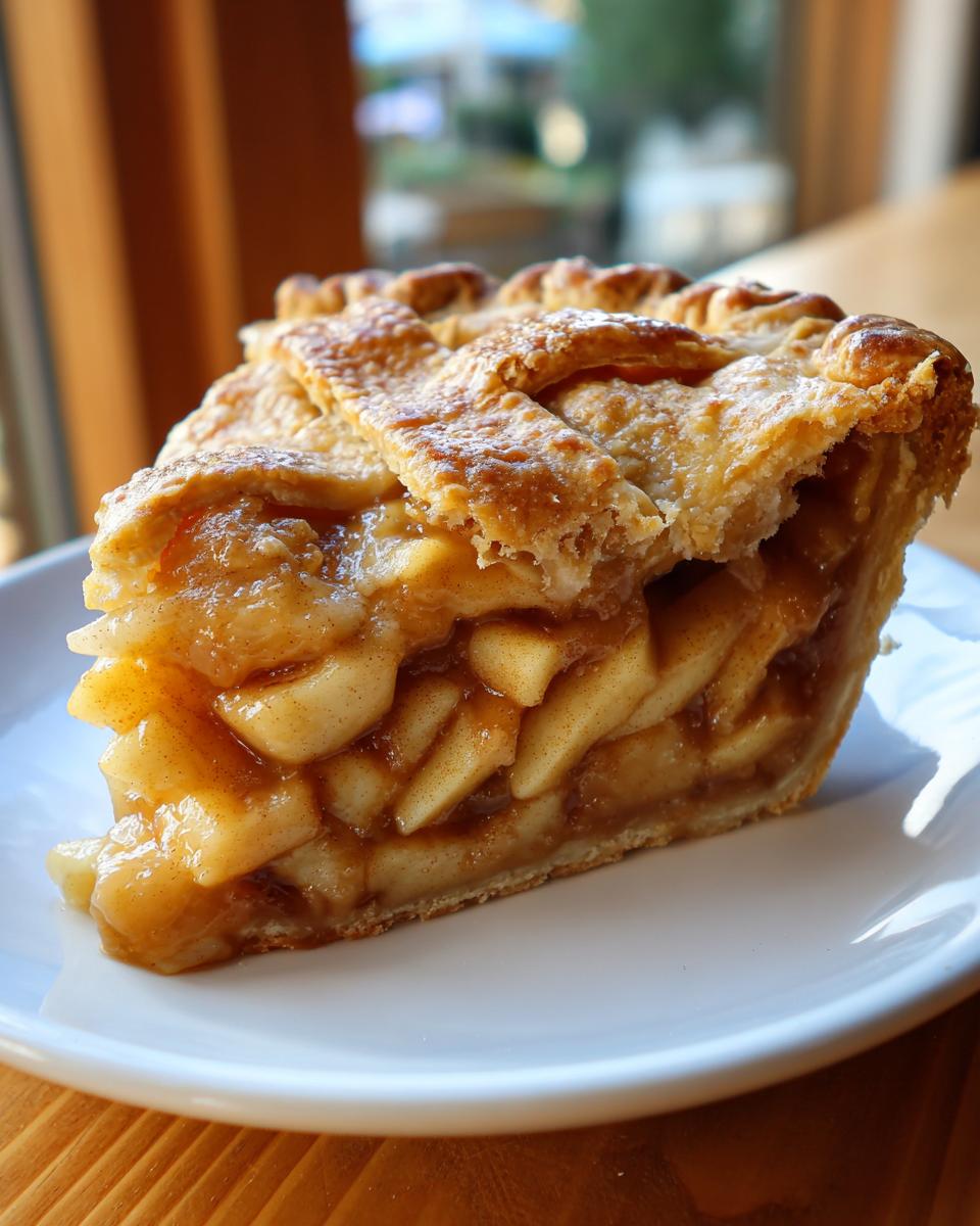 A close-up of a thick slice of Classic apple pie from scratch, showing layered, spiced apple filling and a golden lattice crust.