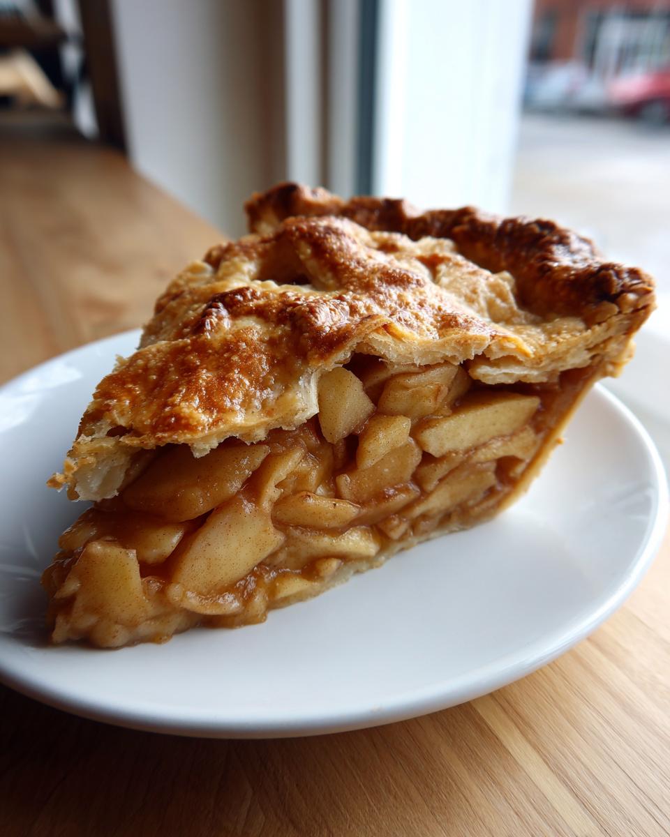 A close-up of a generous slice of Classic apple pie from scratch showing thick apple filling and golden, flaky pastry.