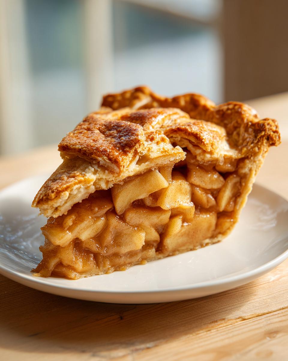 A close-up of a thick slice of Classic apple pie from scratch, showing caramelized apple filling and a golden brown lattice crust.