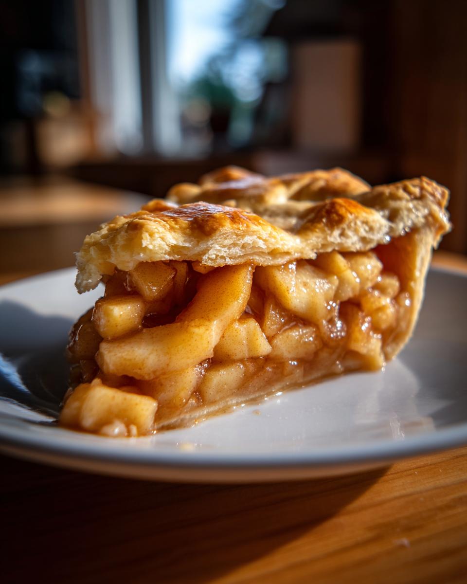 A close-up of a perfectly baked slice of classic apple pie from scratch, showing thick, caramelized apple filling and a flaky top crust.