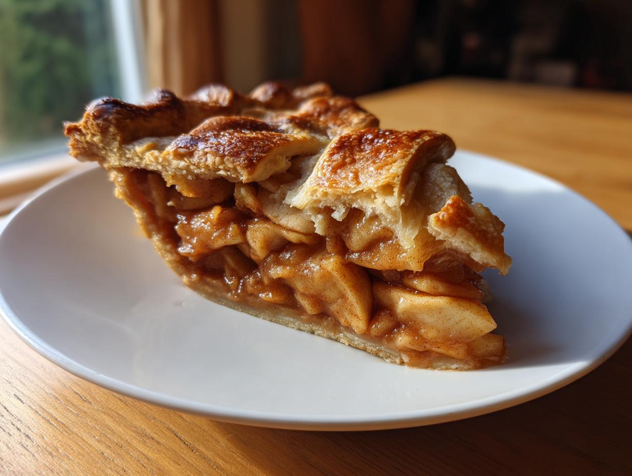 A close-up of a generous slice of classic apple pie from scratch, showing thick cinnamon-spiced apple filling and a golden, flaky top crust.
