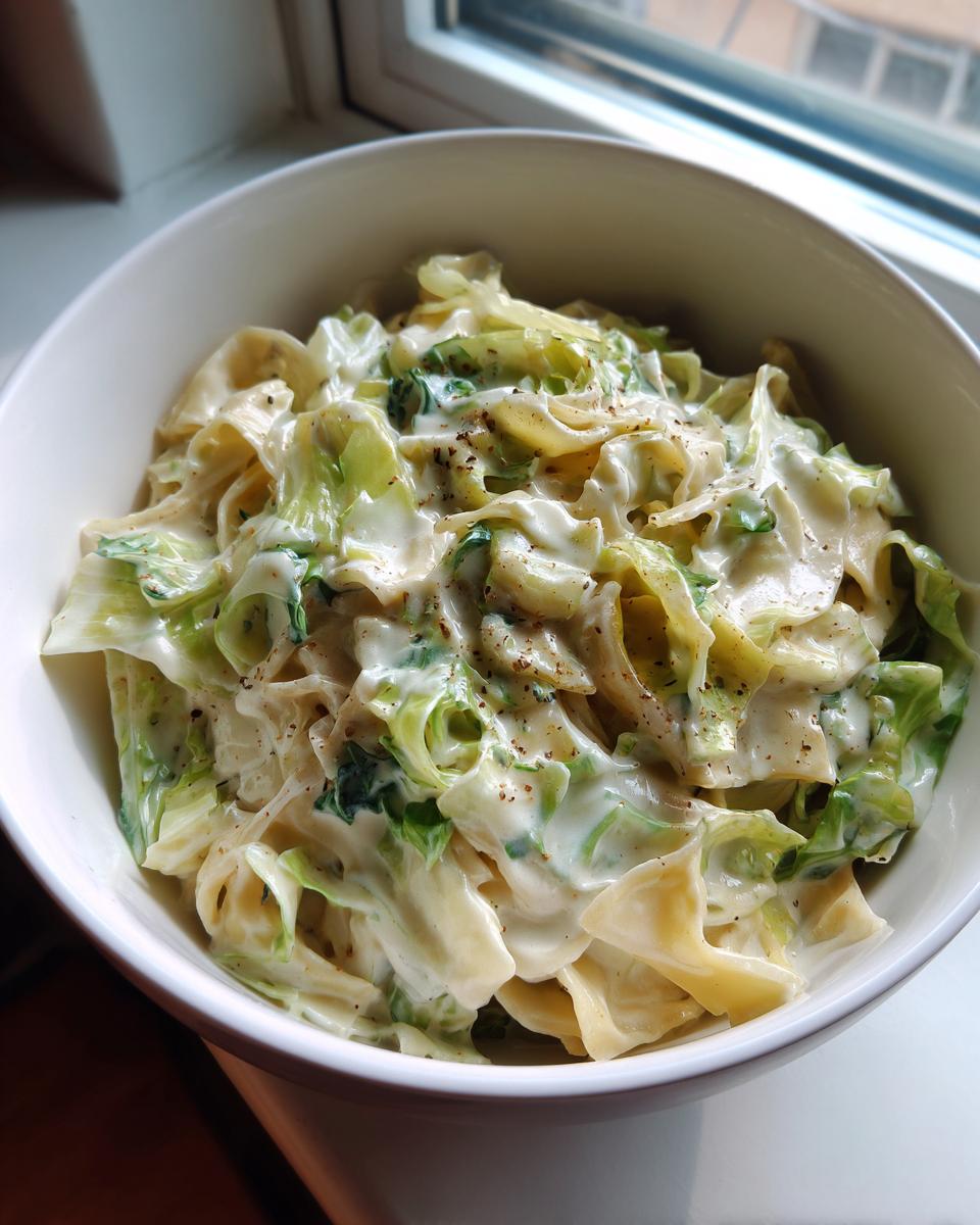 Close-up of a white bowl filled with creamy Cabbage alfredo pasta, featuring wide noodles and bright green cabbage.