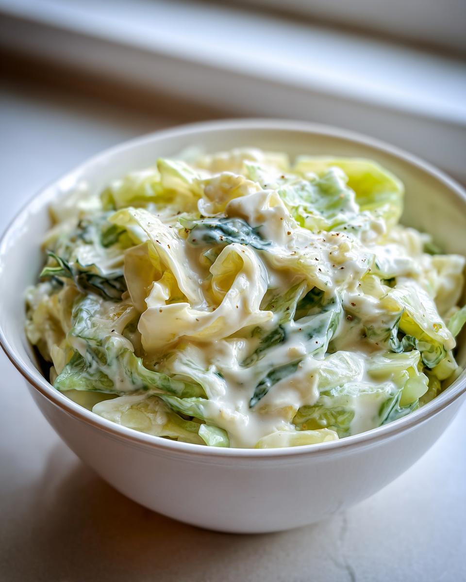 Close-up of a white bowl filled with creamy Cabbage alfredo, featuring tender green and white cabbage coated in a rich white sauce.