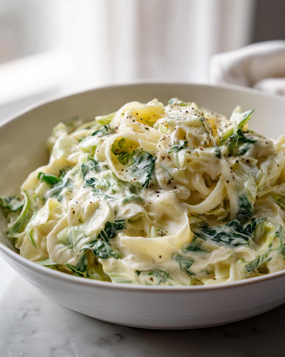 Close-up of a serving of Cabbage alfredo tossed in a rich, creamy white sauce and topped with black pepper.