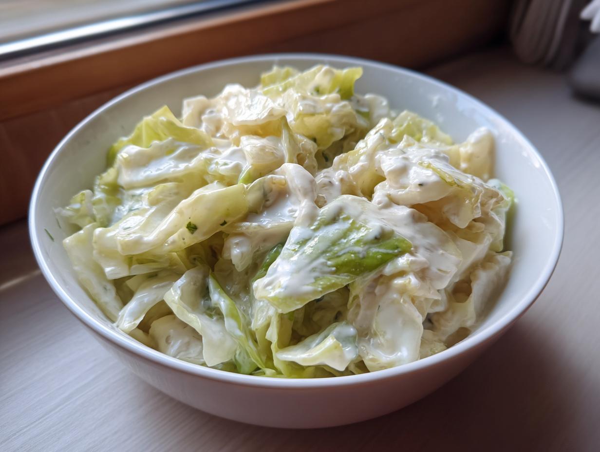 Close-up of a white bowl filled with creamy Cabbage alfredo, featuring wilted cabbage coated in a rich white sauce.