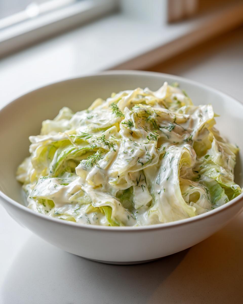 Close-up of creamy Cabbage alfredo tossed in a white bowl, garnished with fresh dill.