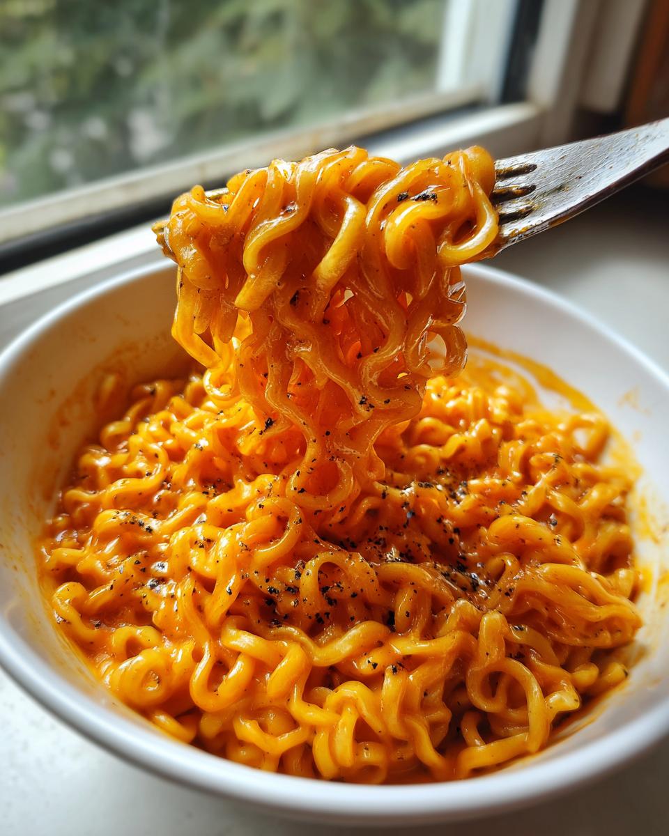 A fork lifts a generous portion of creamy, orange-sauced Carbonara buldak ramen noodles from a white bowl.