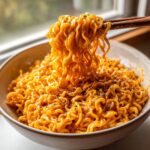 Close-up of creamy, orange-sauced Carbonara buldak ramen noodles being lifted from a bowl with wooden chopsticks.