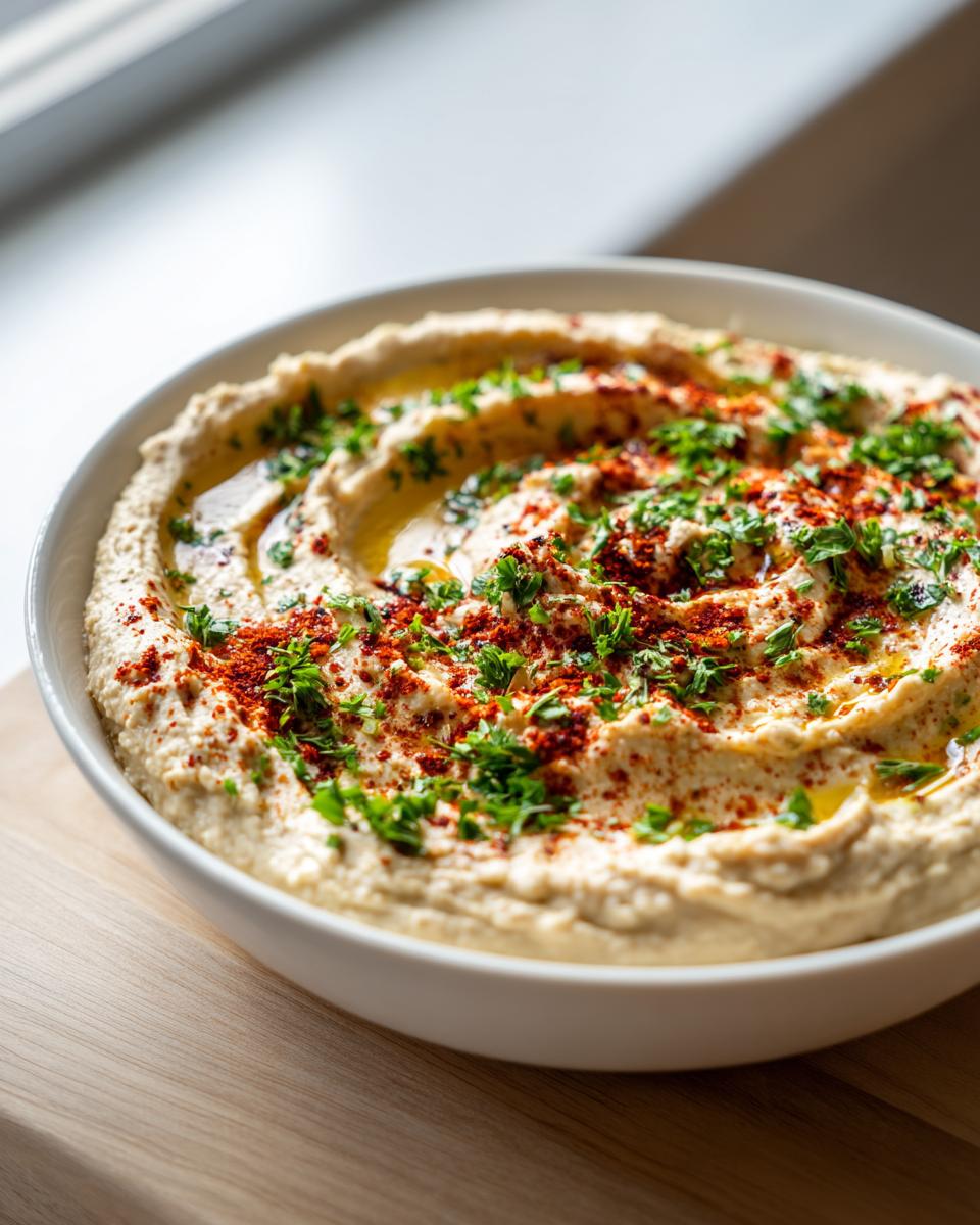 Close-up of a white bowl filled with creamy homemade hummus, drizzled with olive oil and topped with paprika and fresh parsley.
