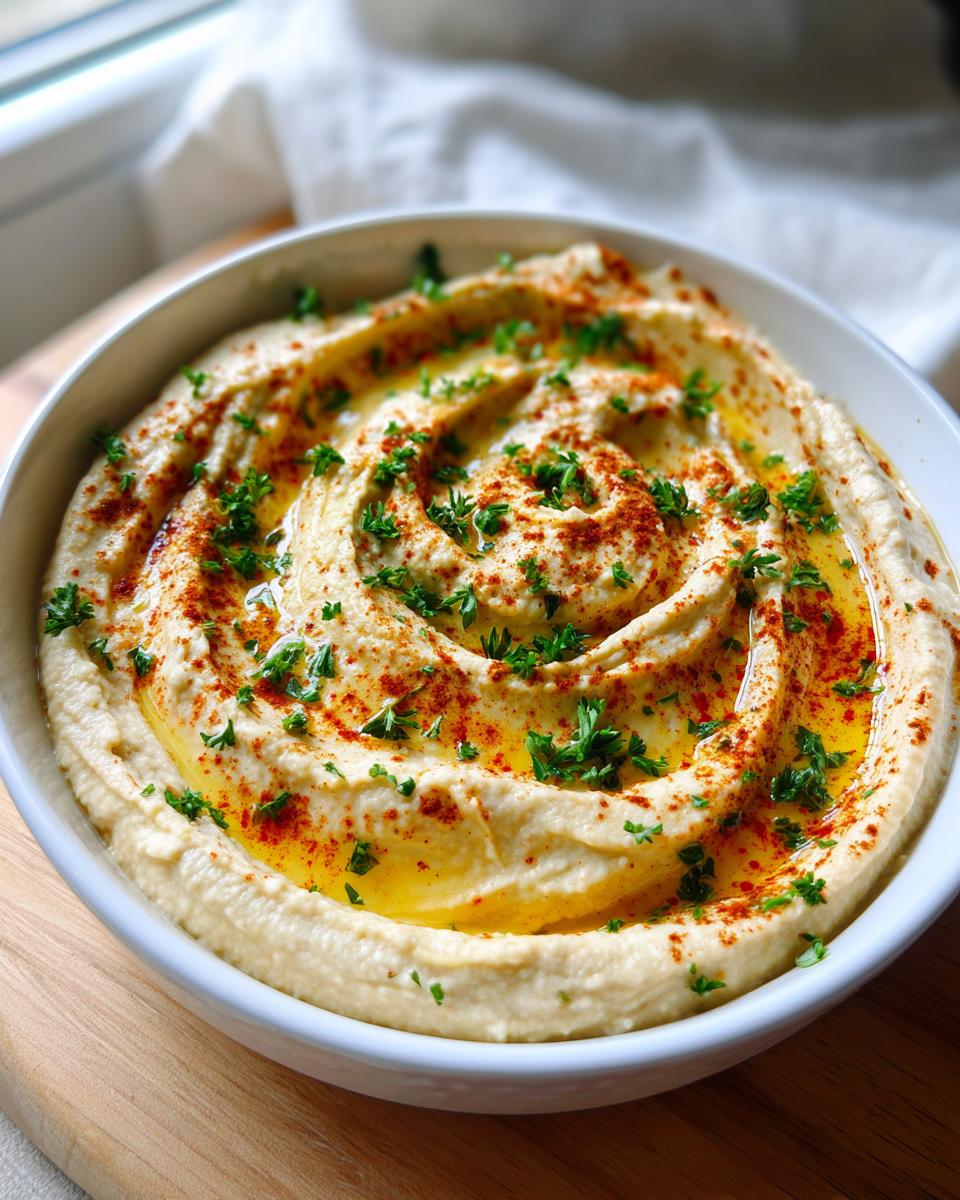 Close-up of a bowl of creamy homemade hummus board, swirled and drizzled with olive oil, paprika, and fresh parsley.