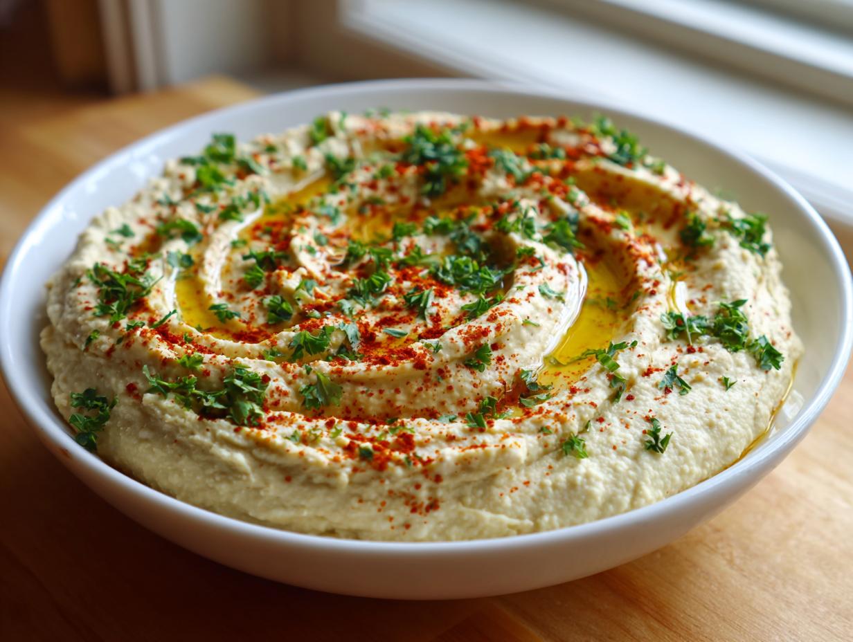 A close-up of a white bowl filled with creamy homemade hummus board, swirled with olive oil, paprika, and fresh parsley.