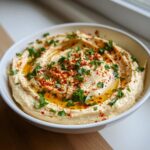 Close-up of a bowl of creamy homemade hummus board, drizzled with olive oil and sprinkled with paprika and fresh parsley.