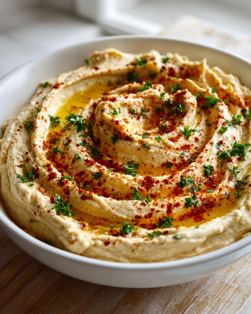 A close-up of creamy homemade hummus board, swirled and topped with olive oil, paprika, and fresh parsley.
