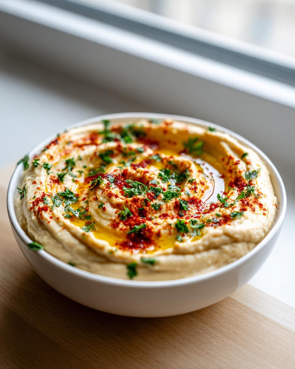 A close-up of a bowl of creamy homemade hummus, swirled and topped with olive oil, paprika, and fresh parsley.