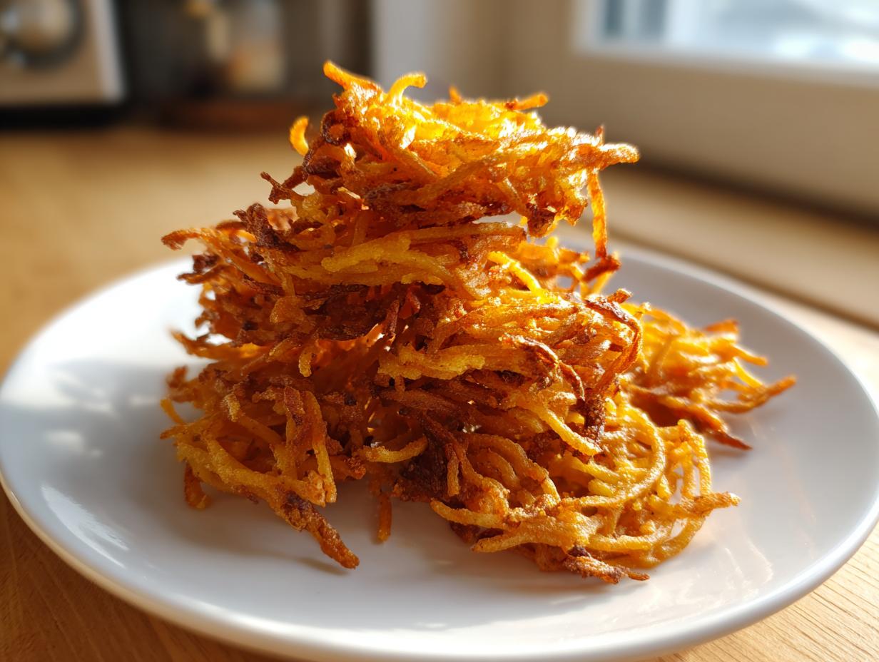 A golden-brown stack of crispy leftover spaghetti fritters piled high on a white plate.