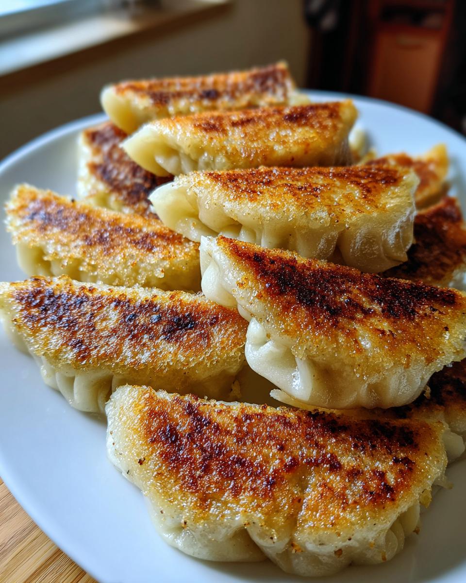 A close-up of several golden-brown, pan-fried Pork Cabbage Dumplings stacked on a white plate.