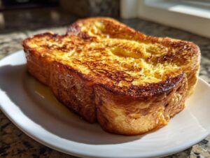A thick slice of crispy sourdough French toast, golden brown and slightly caramelized, sitting on a white plate.