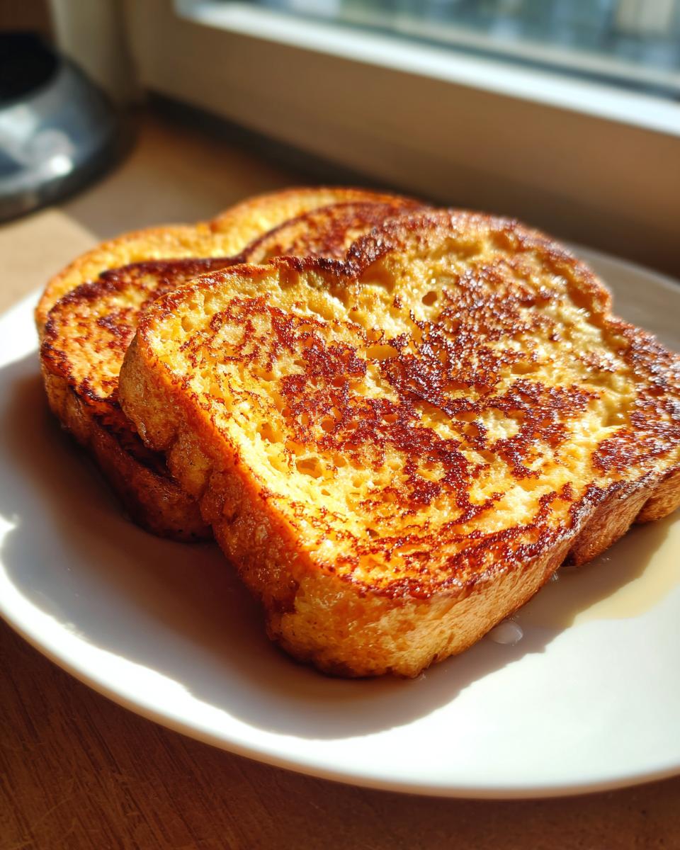 Two golden-brown slices of crispy sourdough French toast stacked slightly on a white plate.