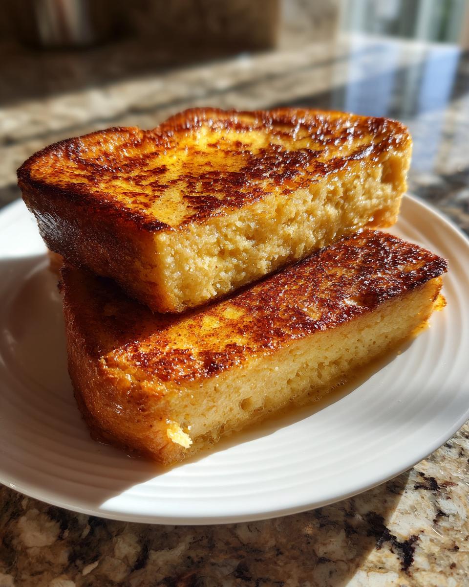 Two thick slices of golden brown, crispy sourdough French toast stacked on a white plate.
