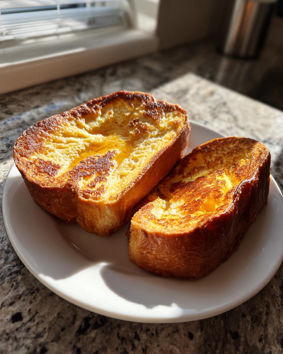 Two thick slices of golden brown, crispy sourdough French toast drizzled with syrup on a white plate.