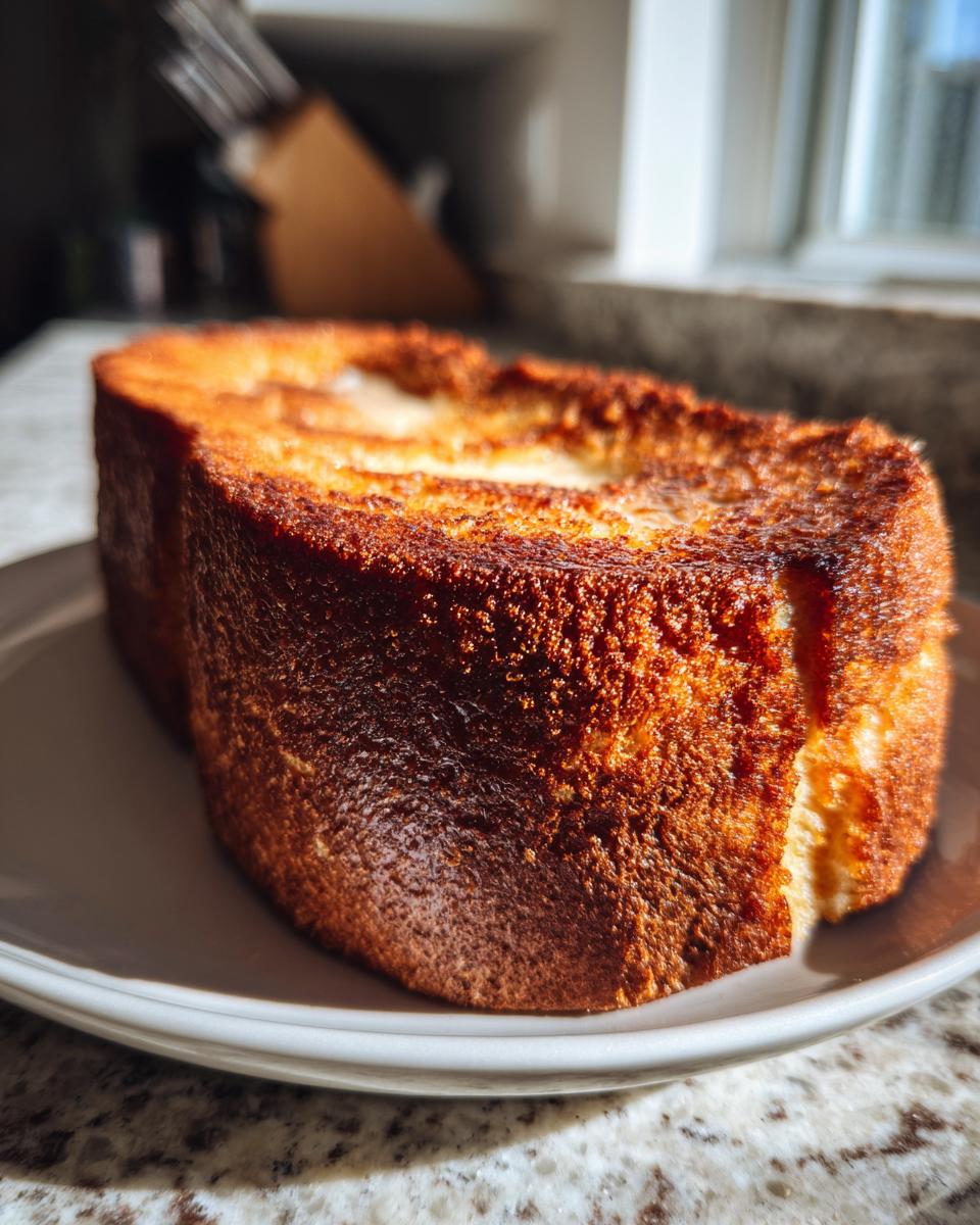 A thick slice of golden-brown, crispy sourdough French toast resting on a white plate.
